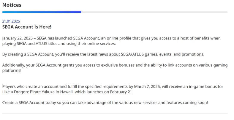 Archive link via SEGA Account notice