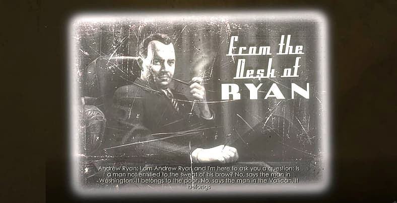 Andrew Ryan (Armin Shimerman) attempts to sell Americans on Rapture in BioShock (2007), 2K Games