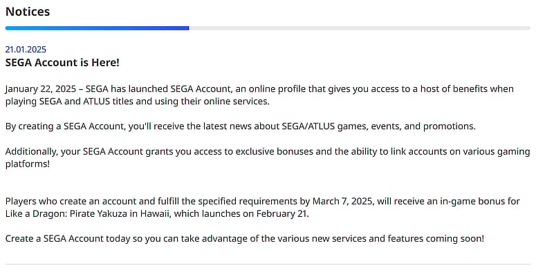 Archive link via SEGA Account notice