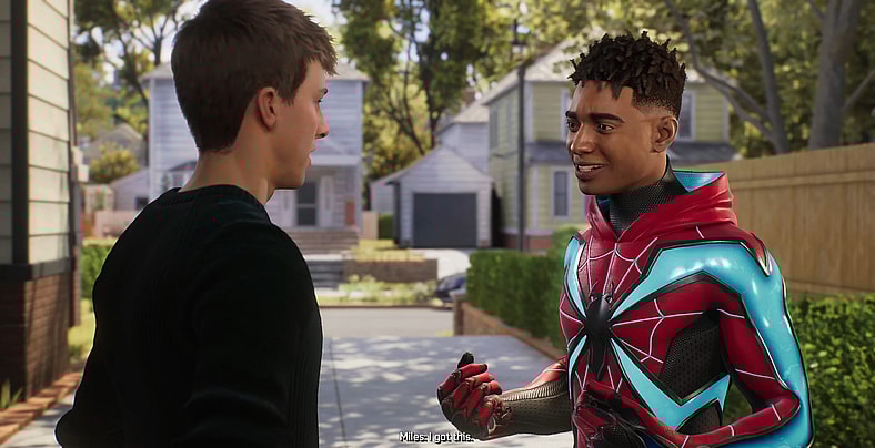 Miles (Nadji Jeter) reassures Peter (Yuri Lowenthal) that his trust is well-placed in Marvel's Spider-Man 2 (2023), Insomniac Games