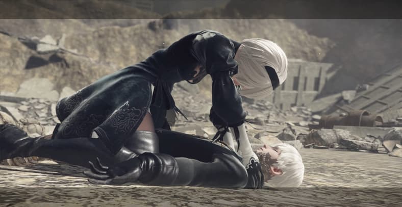 2B (Yui Ishikawa) tries to revive 9S (Natsuki Hanae) in NieR: Automata (201), PlatinumGames