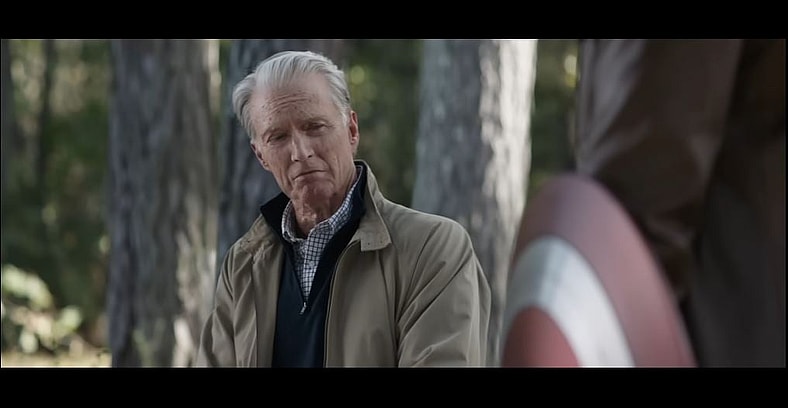 Old Man Steve Rogers (Chris Evans) hands over the Captain America shield to Sam Wilson (Anthony Mackie) in Avengers: Endgame (2019), Marvel Entertainment