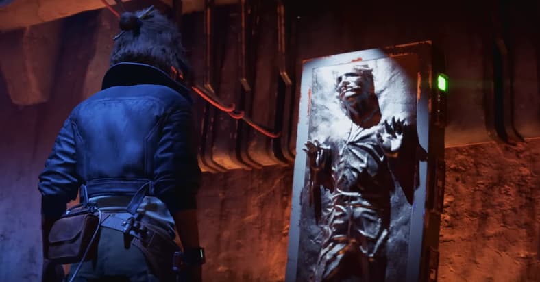 Kay Vess (Humberly González) finds Han Solo frozen in Carbonite in Star Wars Outlaws (2024), Ubisoft