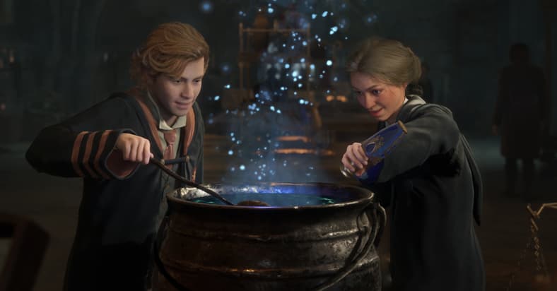 Gryffindor and Ravenclaw student brew potion in cauldron in Hogwarts Legacy (2023), Warner Bros