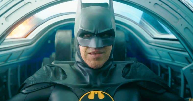 Batman (Michael Keaton) prepares to eject from Batplane in The Flash (2023), Warner Bros. Pictures