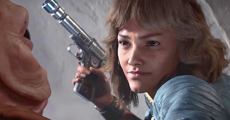 Kay Vess (Humberly González) about to pistol whip a Sullustan in Star Wars Outlaws (2024), Ubisoft