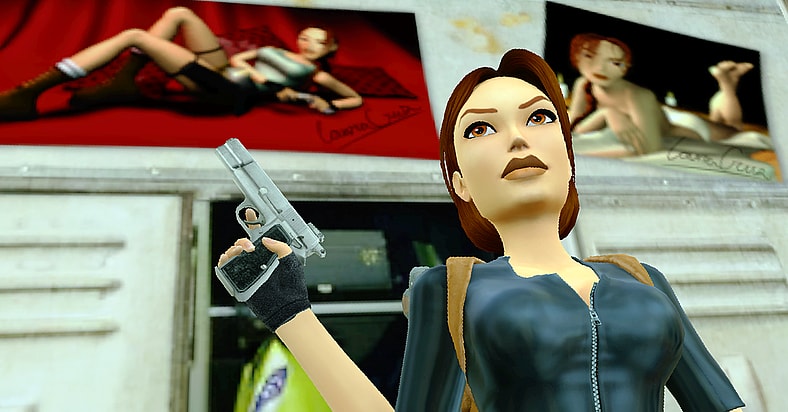 Lara Croft stands before her own pin-ups in the original release of Tomb Raider III: The Lost Artefact Remastered (2024), Crystal Dynamics