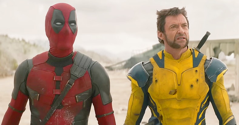 Deadpool (Ryan Reynolds) and Wolverine (Hugh Jackman) come across the corpse of Giant-Man (Paul Rudd) in Deadpool & Wolverine (2024), Marvel Entertainment