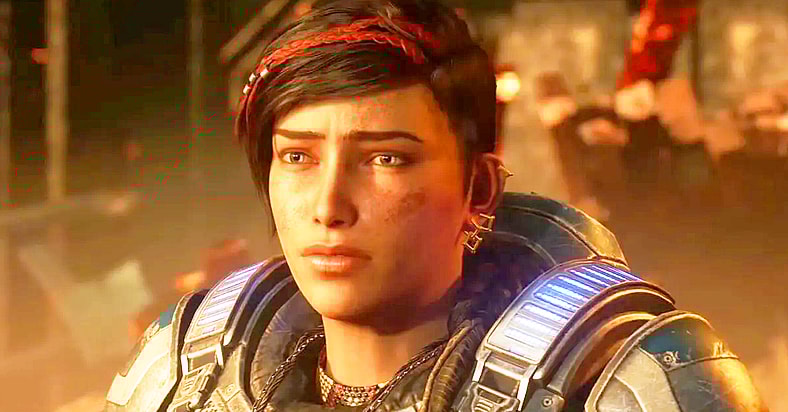 Kait (Laura Bailey) looks out on the aftermath of the Locusts' latest attack in Gears 5 (2019), Microsoft