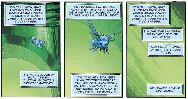 Doctor Manhattan recalls his manipulation of Alan Scott's history in Doomsday Clock Vol. 1 #7 "Blind Spot" (2018), DC. Words by Geoff Johns, art by Gary Frank, Brad Anderson, and Rob Leigh.