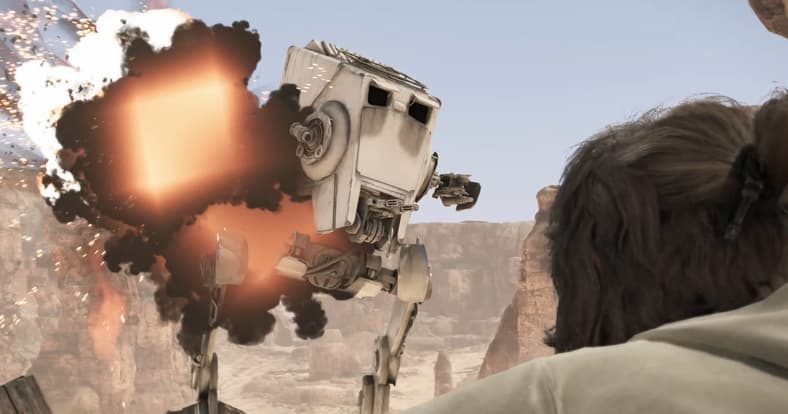 Kay Vess watches AT-ST meet its end in Star Wars Outlaws (2024), Ubisoft