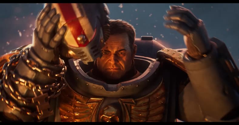 Titus (Clive Standen) dons his helmet in Warhammer 40,000: Space Marine 2 (2024), Saber Interactive