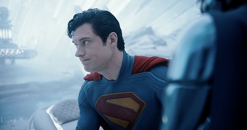 Superman (David Corenswet) and Gary (Alan Tudyk) question Supergirl (Milly Alcock) in Superman