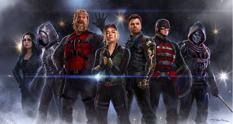 Marvel unveils the line-up for their Thunderbolts film - including Valentina Allegra de Fontaine (Julia Louis-Dreyfus), Ghost (Hannah John-Kamen), Red Guardian (David Harbour), Yelena Bolova (Florence Pugh), Bucky (Sebastian Stan), U.S. Agent (Wyatt Russell) and Taskmaster (Olga Kurlyenko) - at the 2022 D23 Expo. Art by Andy Park.