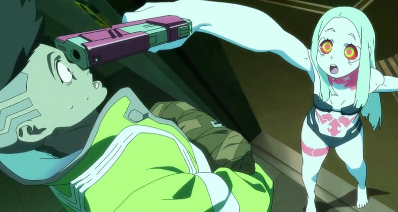 David prepares to receive training from Rebecca in Cyberpunk: Edgerunners Season 1 Episode 4 "Lucky