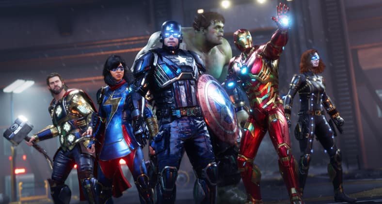 Thor, Kamala Khan, Captain America, Hulk, Iron Man, and Black Widow stand ready in Marvel's
