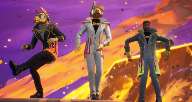Players dance on meteor in Season X Twin Turntable cosmetics, Fortnite (2017), Epic Games