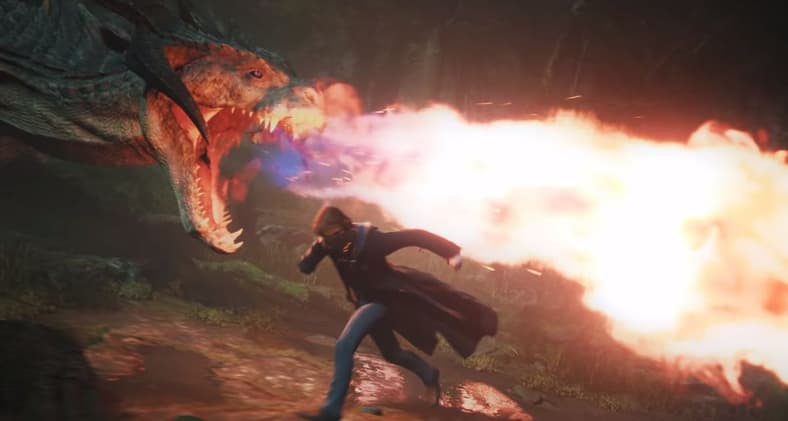 Player dodges dragon's fiery breath in Hogwarts Legacy (2022), Warner Bros. Interactive