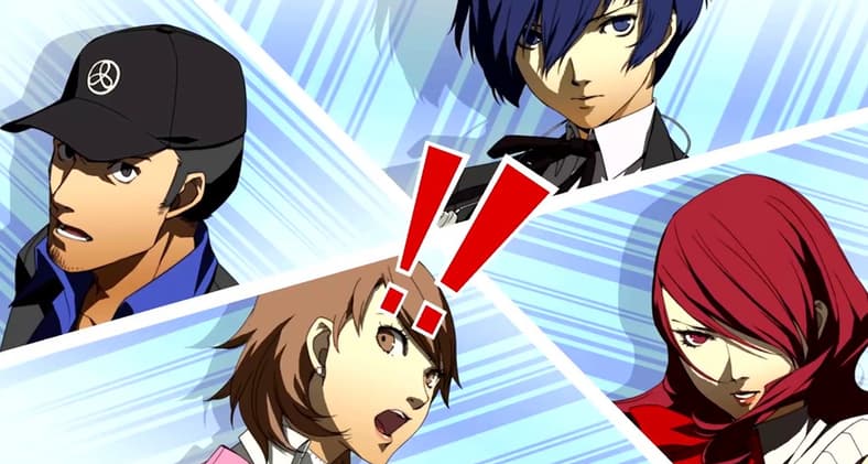 Makoto Yuki (Akira Ishida), Yukari Takeba (Megumi Toyoguchi), Junpei Iori (Kohsuke Toriumi) and Mitsuru Kirijo (Rie Tanaka) prepare to unleash an all-out attack in Persona 3: Portable (2006), Atlus