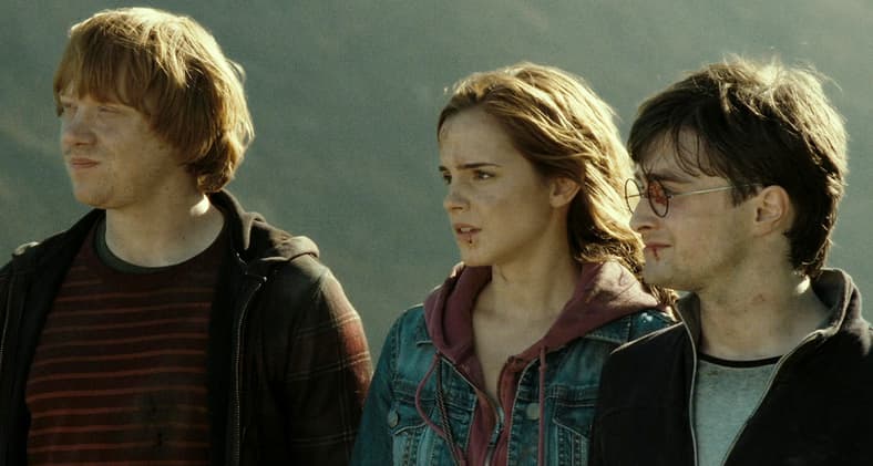 Ron Weasley, Hermione Granger, and Harry Potter look to the future in Harry Potter and the Deathly