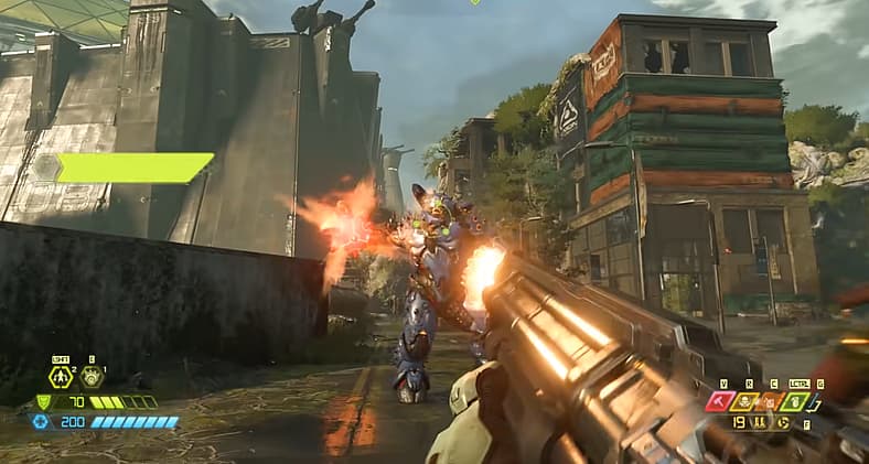 Doomslayer blasts cybernetic Tyrant with shotgun in Doom Eternal (2020), Bethesda Softworks