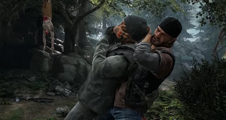 Deacon St. John (Sam Witwer) attempts to snap a gang member's neck in Days Gone (2019), Sony