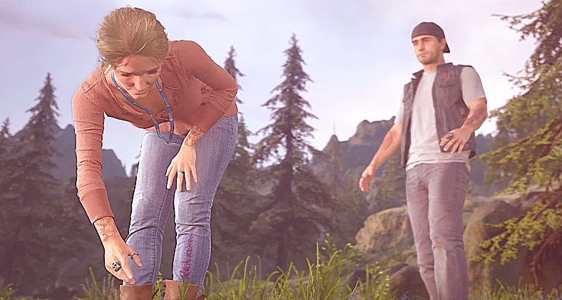 Deacon St. John (Sam Witwer) glances over Sarah Whitaker (Courtnee Draper) in Days Gone (2019)