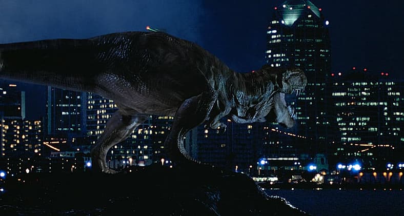 A T-Rex hits the mainland in 'The Lost World: Jurassic Park' (1997), Universal Pictures