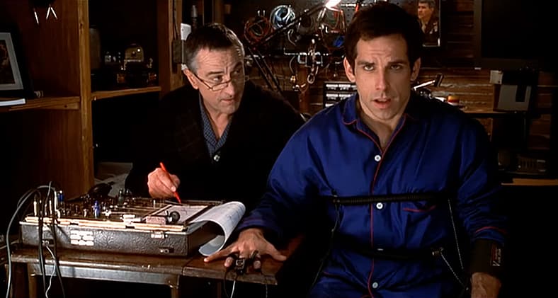 Robert De Niro as Jack Byrnes and Ben Stiller as Greg Focker in Meet the Parents (2000), Universal