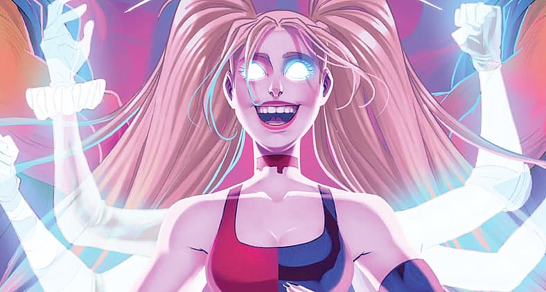 Harley Quinn looks into DC multiverse on Sweeney Boo's cover to Harley Quinn Vol. 4 #31 "Girl in a
