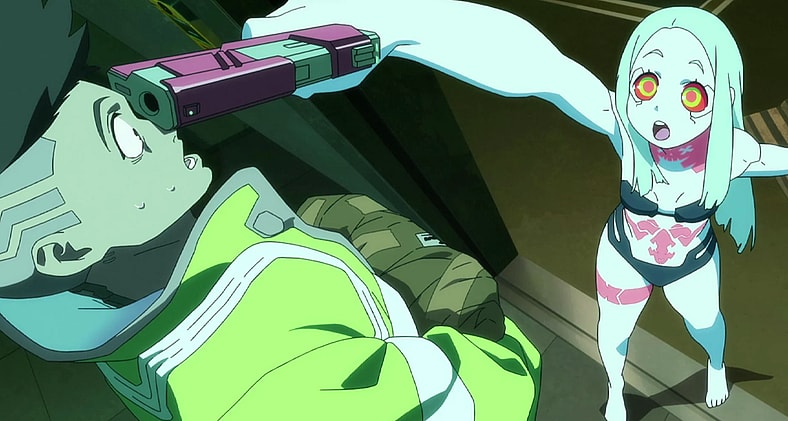 David (Kenn) prepares to receive training from Rebecca (Tomoyo Kurosawa) in Cyberpunk: Edgerunners Season 1 Episode 4 "Lucky You" (2022), Trigger via Netflix