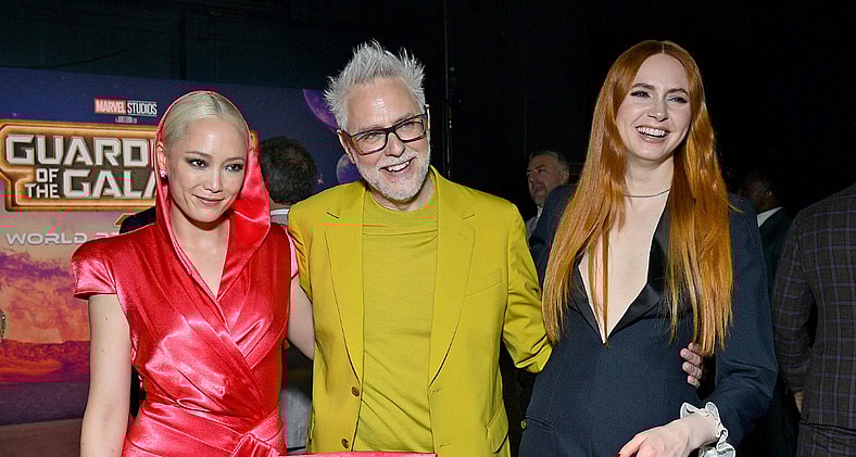 HOLLYWOOD, CALIFORNIA - APRIL 27: (L-R) Pom Klementieff, James Gunn, and Karen Gillan attend the Guardians of the Galaxy Vol. 3 World Premiere at the Dolby Theatre in Hollywood, California on April 27, 2023. (Photo by Charley Gallay/Getty Images for Disney)