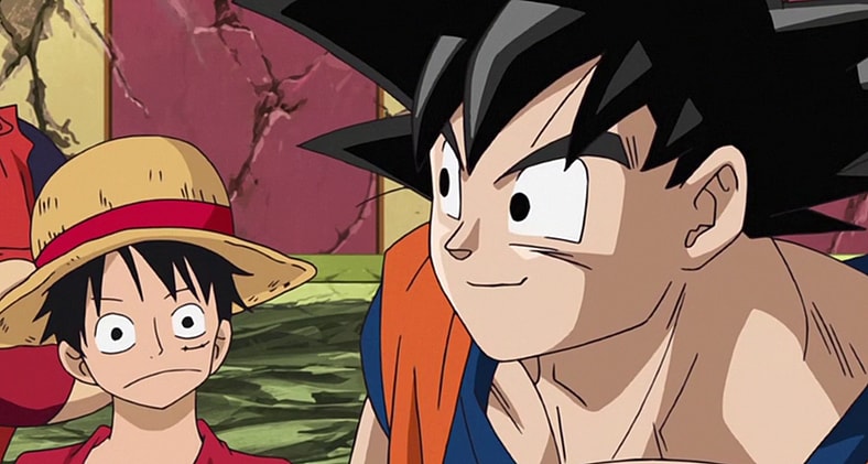 Goku (Masako Nozawa) compliments Luffy's (Mayumi Tanaka) fighting prowess in Dream 9 Toriko x One Piece x Dragon Ball Z Super Collaboration Special (2013), Toei Animation