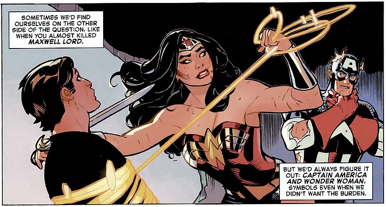 Captain America calls on Wonder Woman to stay her sword from Maxwell Lord's throat in Deadpool/Batman Vol. 1 #1 "The Gun and he Sword" (2025), Marvel Comics/DC. Words by Chip Zdarsky, art by Terry Dodoson, Rachel Dodson, and Joe Caramagna.