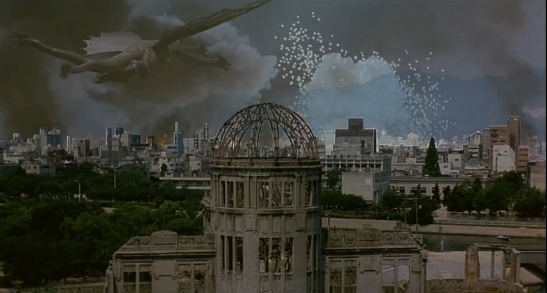 Ghidorah returns to bombard Japan in Godzilla vs. King Ghidorah (1991), Toho Co. Ltd.