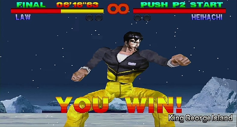 Marshall Law (Katsuhiro Harada) emerges victorious against Heihachi (Banjō Ginga) in Tekken (1995), Namco