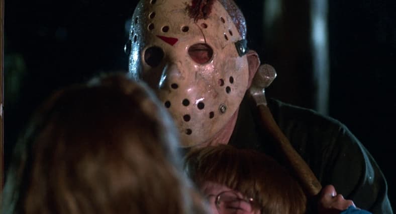 Trish sinks clawhammer into Jason's neck in Friday the 13th: The Final Chapter (1984), Paramount
