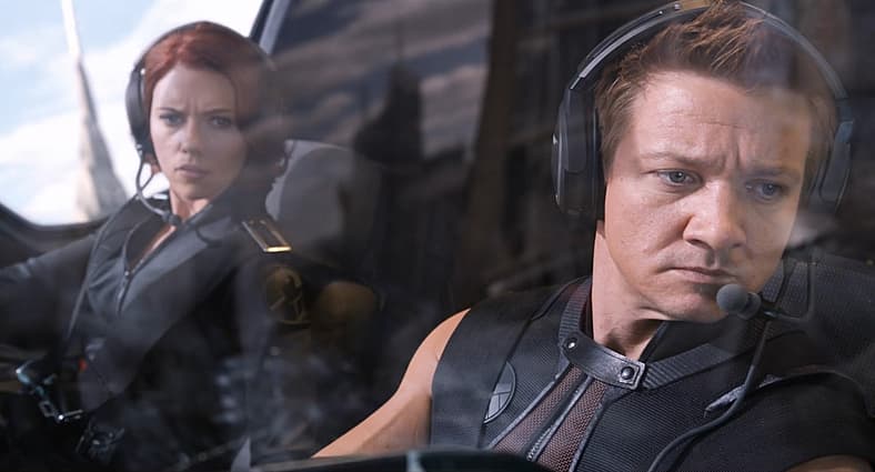 Black Widow and Hawkeye arrive at Stark Tower in The Avengers (2012), Marvel Studios