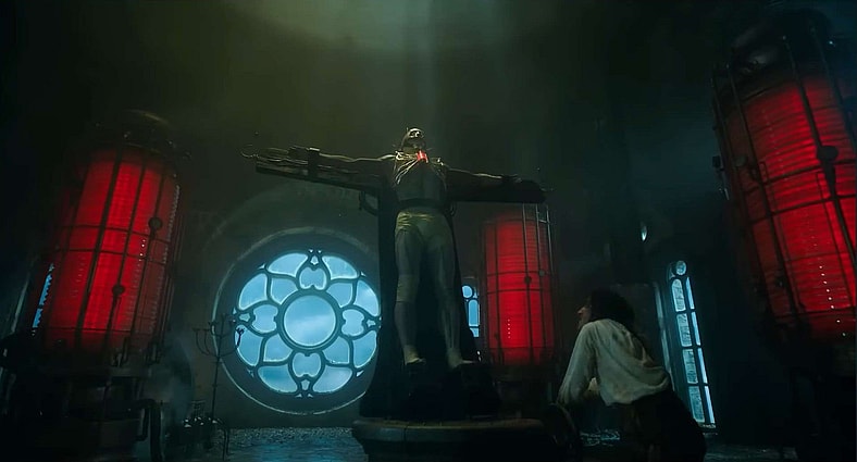 Frankenhole, Victor (Oscar Isaac) goes out of his way to troll religion in Frankenstein (2025), Netflix