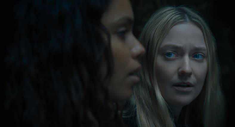 Georgina Campbell as Ciara and Dakota Fanning as Mina in The Watchers, Warner Bros. Pictures