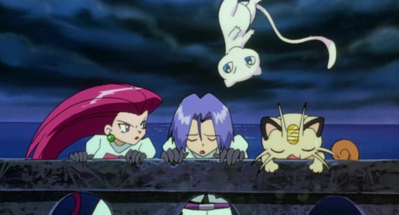 Team Rocket completely unaware that Mew (Kôichi Yamadera) is so close in Pokémon: The First Movie (1999), Warner Bros. Entertainment