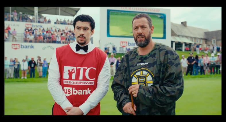 Happy (Adam Sandler) encourages Oscar (Bad Bunny) to go to his own Happy Place in Happy Gilmore 2 (2025), Netflix