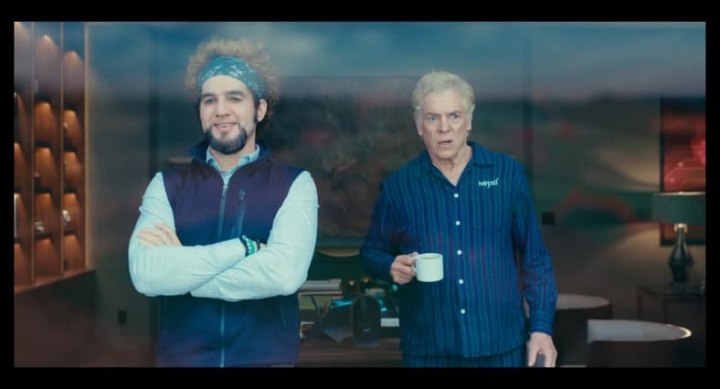 Frank Manatee (Benny Safdie) shows Shooter McGavin (Christopher McDonald) what the future of golf looks like in Happy Gilmore 2 (2025), Netflix