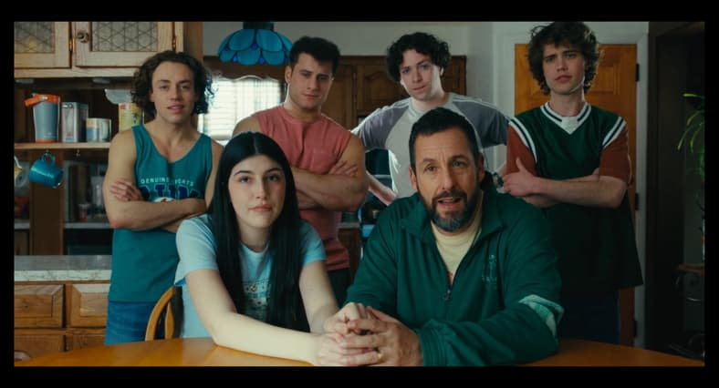 Happy (Adam Sandler) and his family receive good news from their lawyer (Robert Smigel) in Happy Gilmore 2 (2025), Netflix