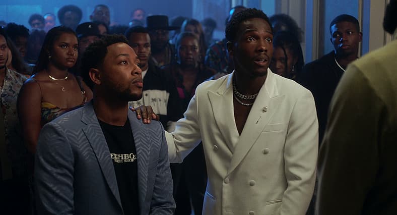 Kevin and Damon attempt to explain themselves to LeBron James in House Party (2023), Warner Bros
