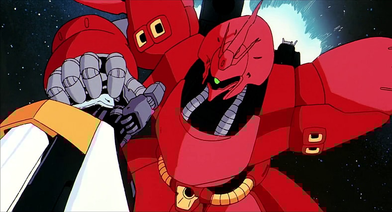 Char (Shuichi Ikeda) stops a punch from Amuro (Toru Furuya) in Mobile Suit Gundam: Char's Counterattack (1988), Sunrise