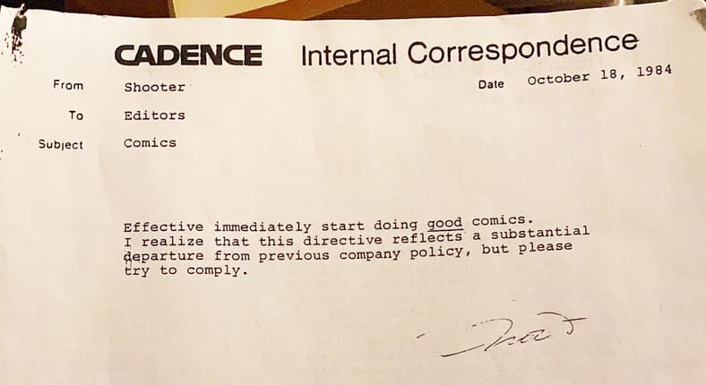 Editor-in-Chief Jim Shooter has a message for the Marvel Comics bullpen (1986) via Bleeding Cool