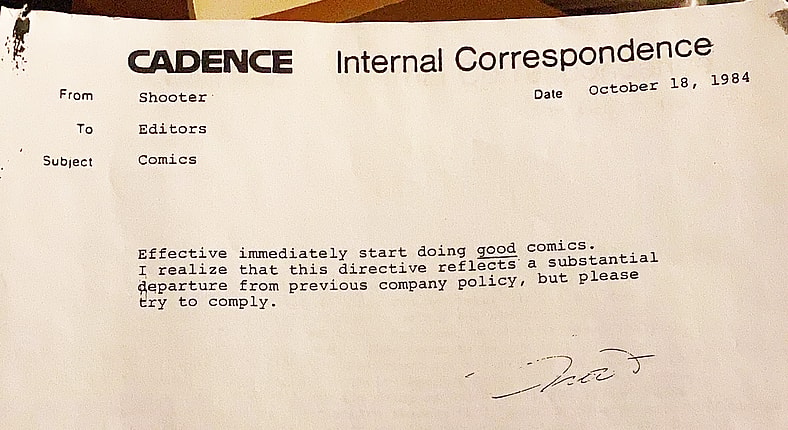 Editor-in-Chief Jim Shooter has a message for the Marvel Comics bullpen (1986) via Bleeding Cool