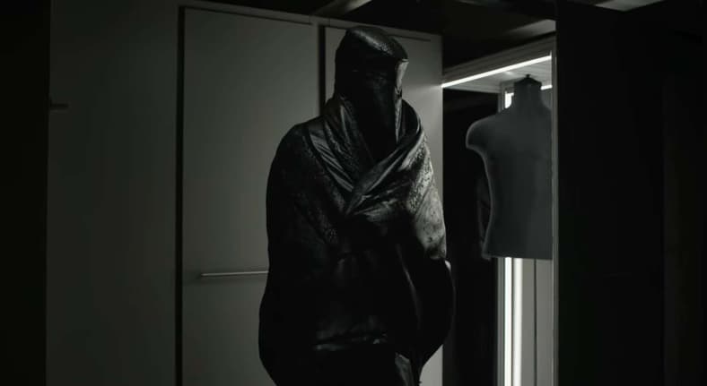 Karsh (Vincent Cassel) rehearses for his own demise in The Shrouds (2025), Prospero Pictures