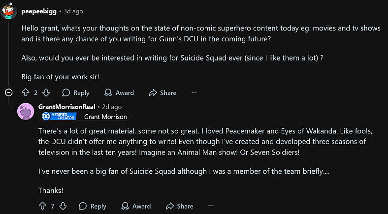 Grant Morrison answers fan questions via the Reddit.com/r/DCcomics subreddit